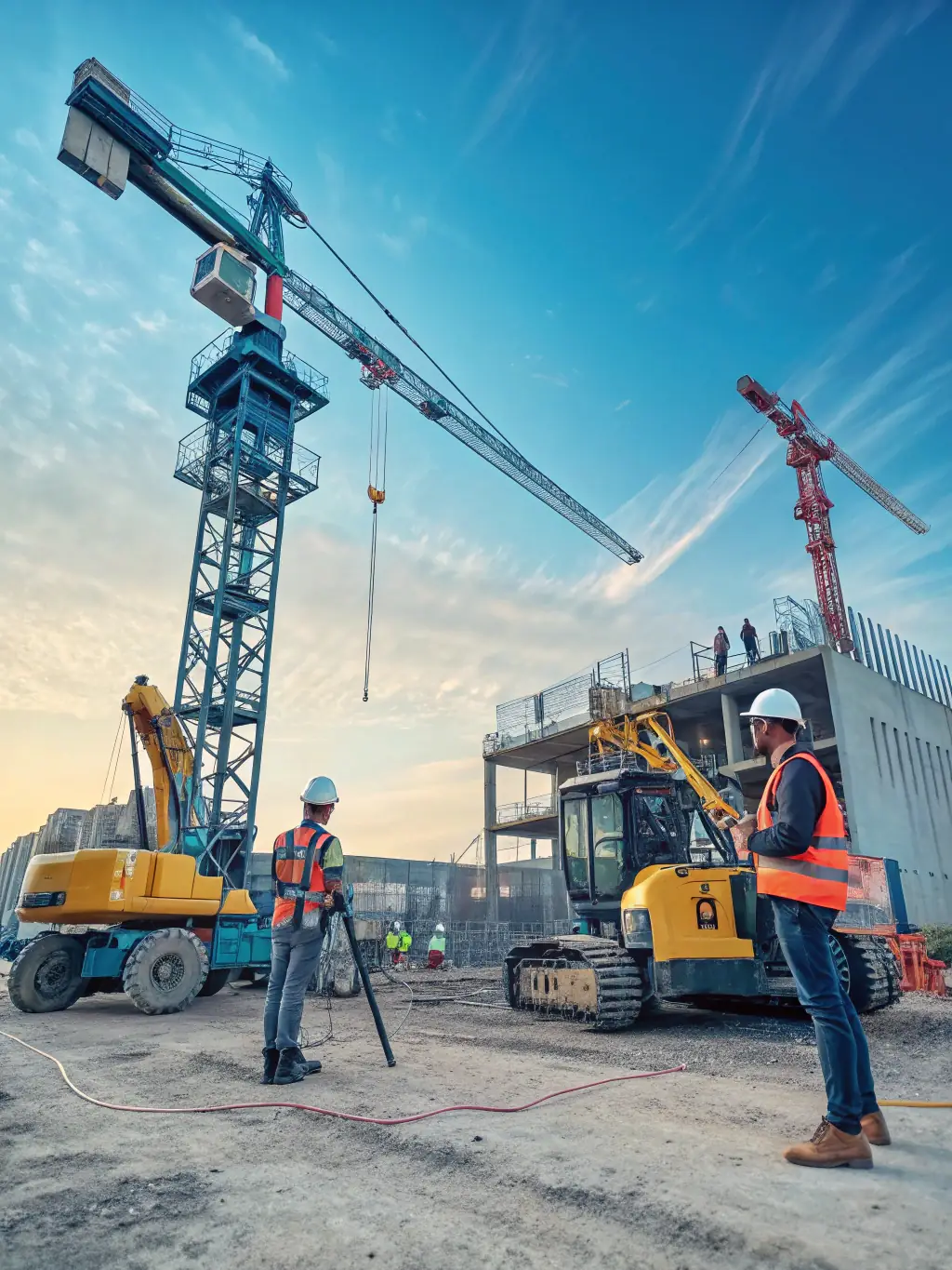 An image of a team of construction workers collaborating on a commercial building site, emphasizing safety and efficiency.