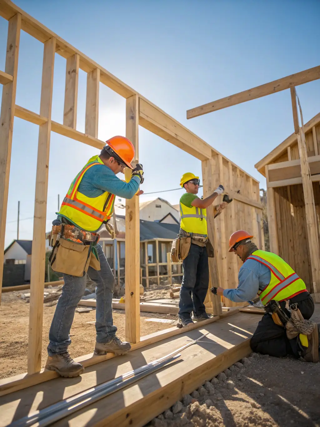 An Elex Construction crew constructing the wooden frame of a new residential building, demonstrating structural integrity and precision.