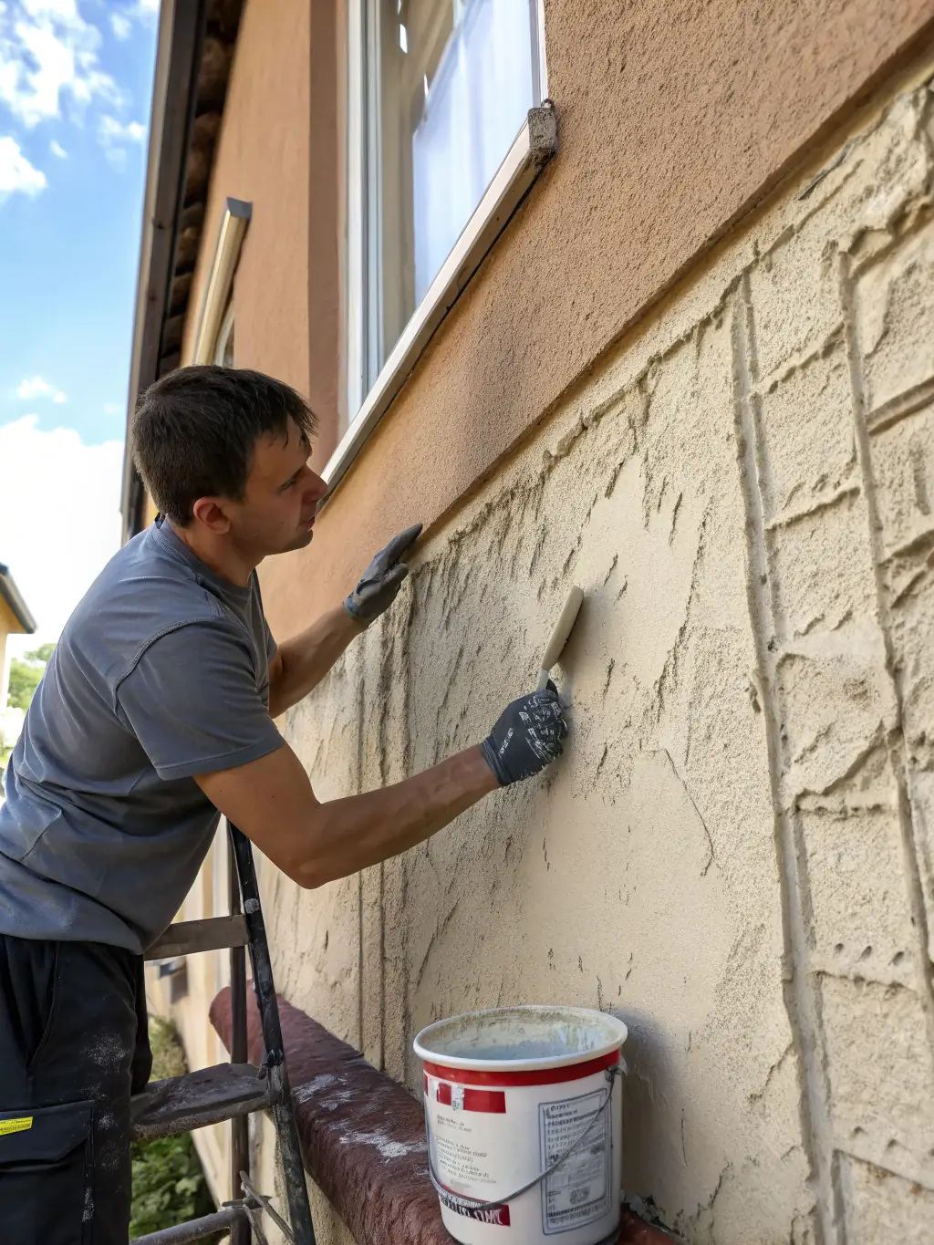 A close-up shot of a skilled Elex Construction worker applying stucco to an exterior wall, showcasing the texture and precision of the application.