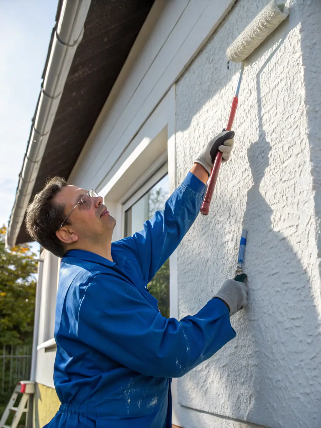 An Elex Construction team member expertly painting the exterior of a house, highlighting the clean lines and vibrant color achieved.