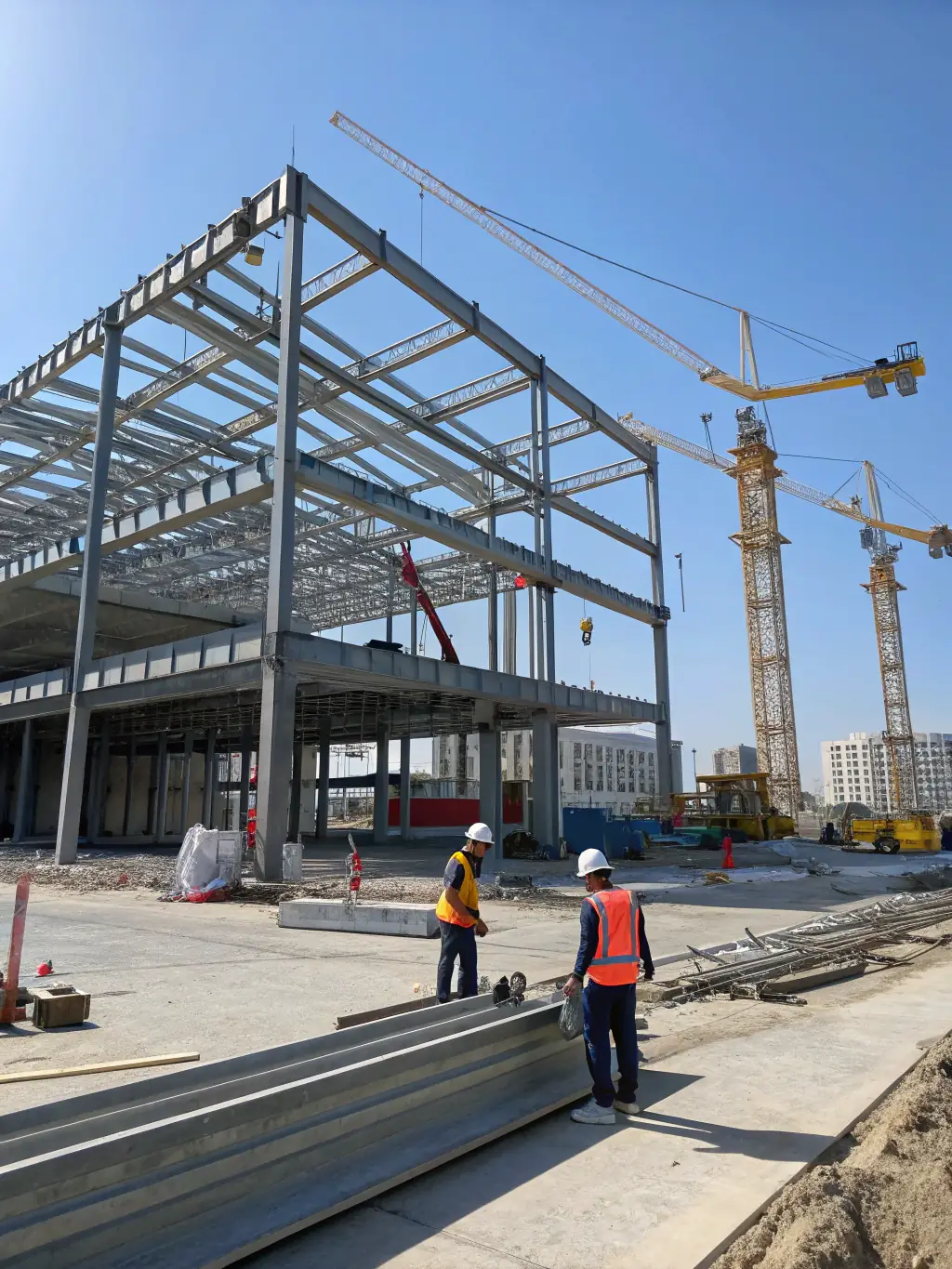 A photograph of a commercial building under construction, showing the steel framework and construction workers in hard hats, illustrating Elex Construction's expertise in commercial projects.