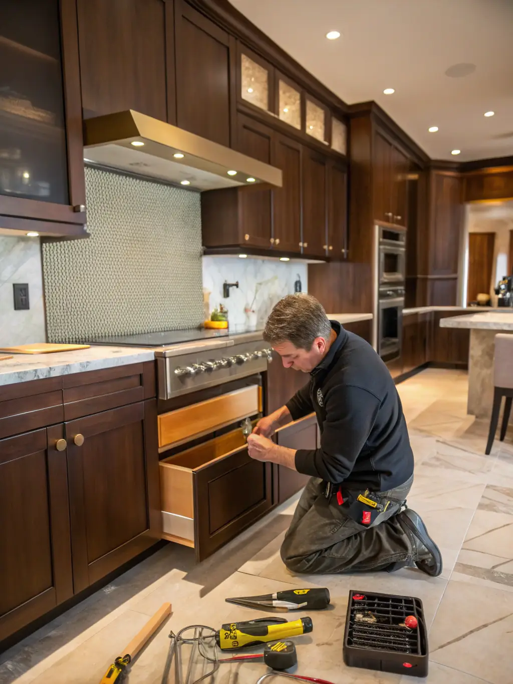 A team of workers renovating a modern kitchen, installing new cabinets and countertops.