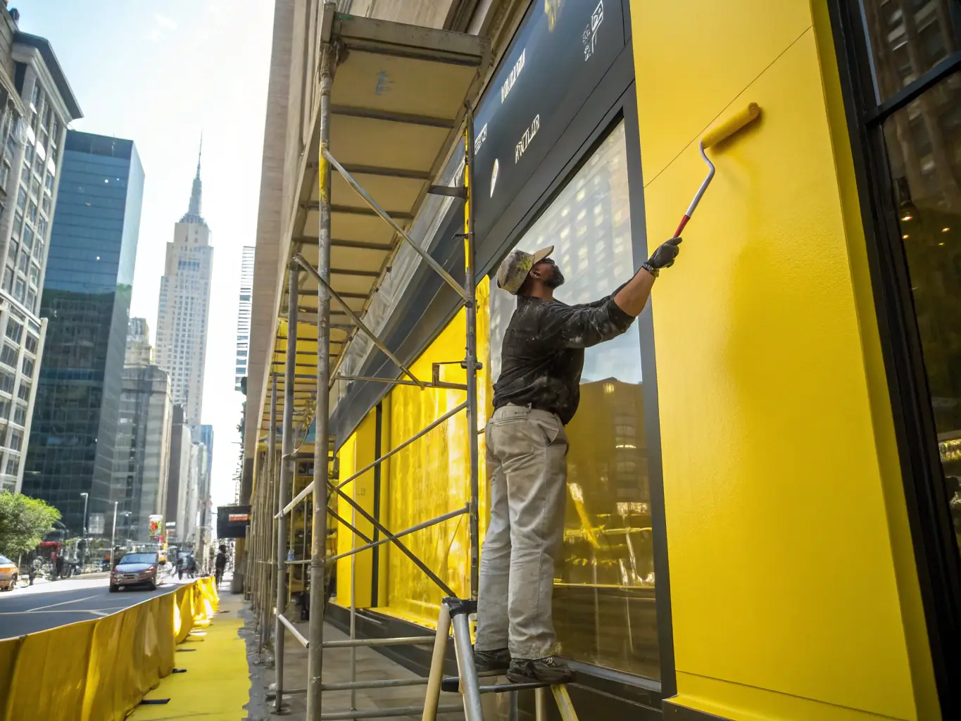 A painter applying a fresh coat of paint to the exterior of a commercial building, demonstrating Elex Construction's attention to detail and quality in painting services.