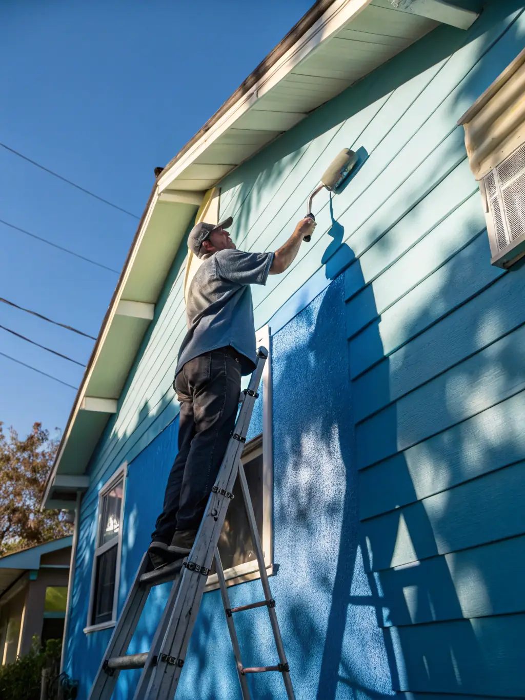 A painter applying a fresh coat of paint to a house exterior, using high-quality, eco-friendly paints.